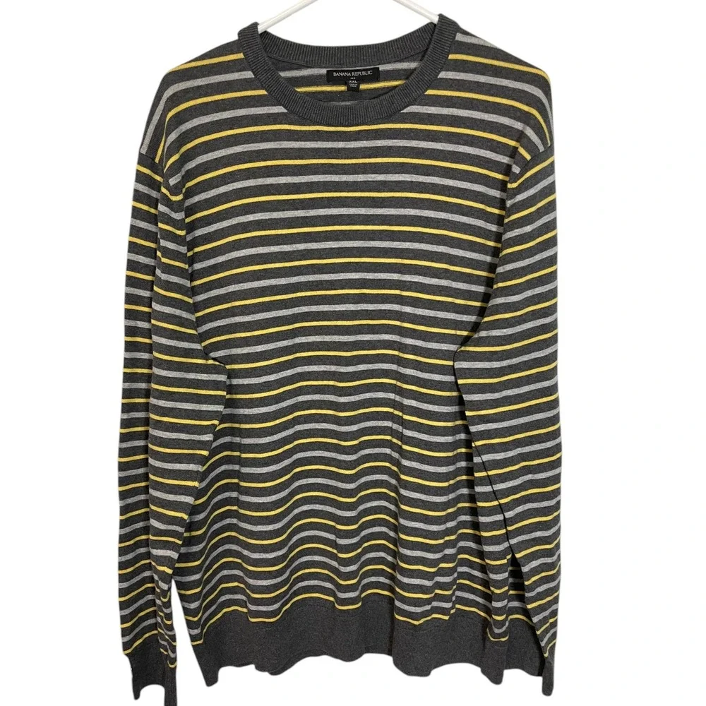 Banana Republic XXL Grey Yellow Striped Cotton Crewneck Sweater Preppy Classic‎